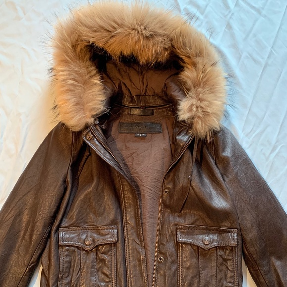 True Religion leather bomber jacket with fur hood